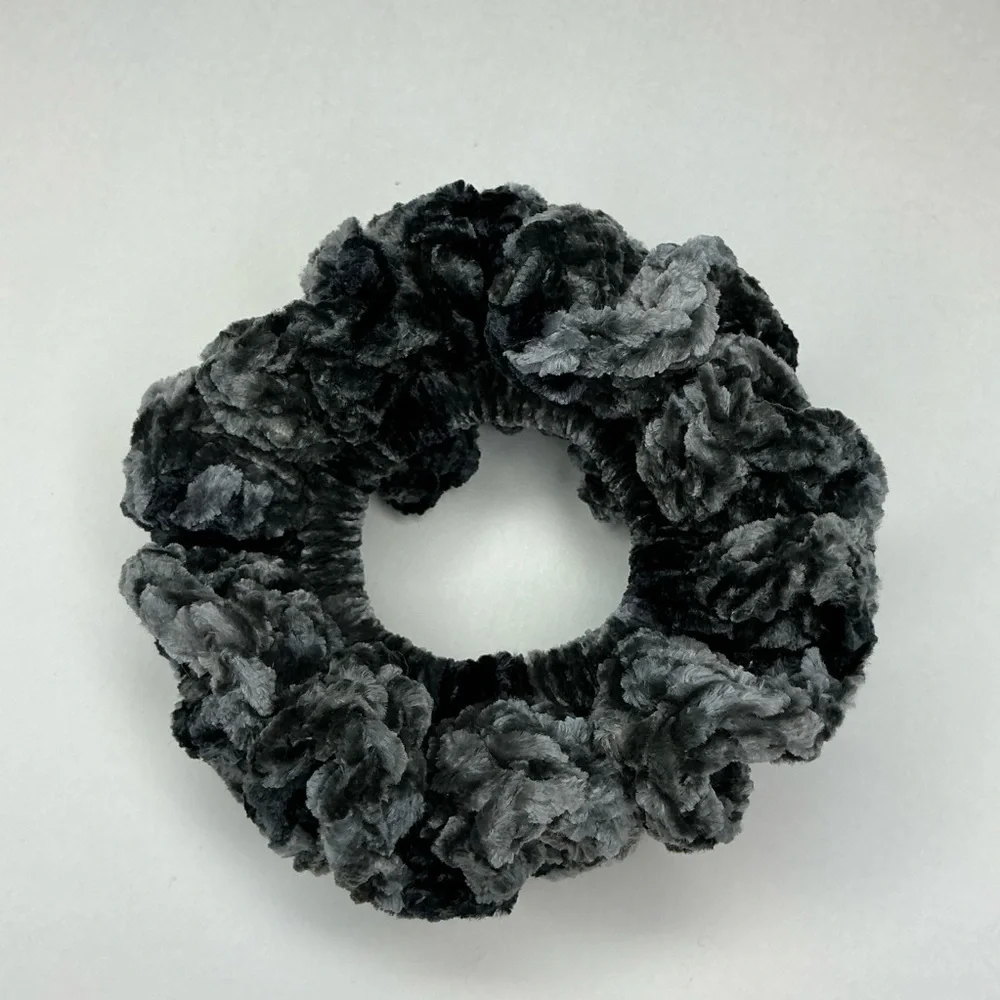 Crochet Scrunchie Oversized Hair Tie Gray Plush Crushed Velvet Handcrafted